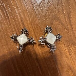 Intricate Silver and White pearlescent vintage clip on Earrings